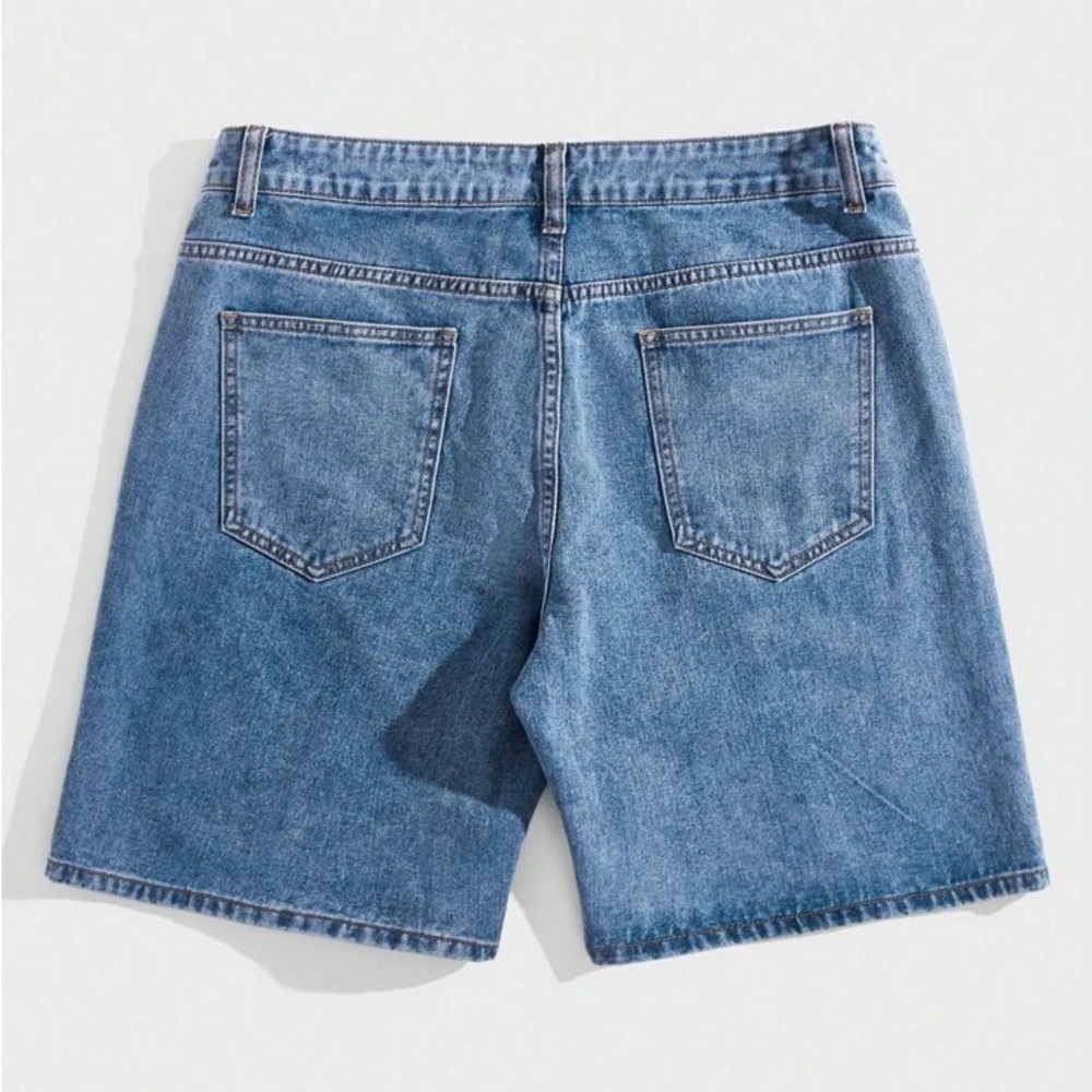 Men's Blue Denim Shorts with Black Star Design - Picture 2 of 2